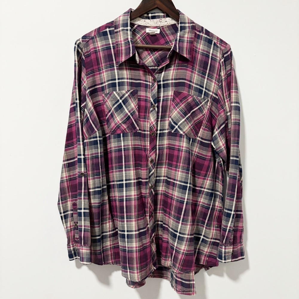 Westport Plaid‎ Button Down Shirt Womens Size 2X Flannel Lightweight Western